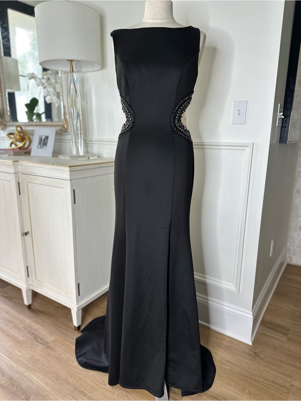 Elegant Black Evening Gown with Side Bead Detailing